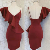 Simple Sheath Straps Ruffles Burgundy Homecoming Dress Short Birthday Outfits HZ1024