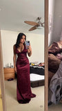 Simple Sheath V Neckline Burgundy Satin Backless Long Prom Dresses HZ1024