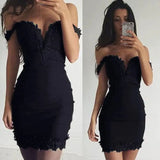 Modest Sheath Off the Shoulder Black Short Lace Homecoming Dresses Little Black Dress Birthday Outfits HZ1024