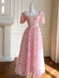 Elegant A Line Square Neckline Pink Floral Tulle Prom Dress Evening Dresses HZ1024
