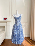 Pretty A Line Spaghetti Straps Chiffon Floral Blue Prom Dress Evening Dresses HZ1024