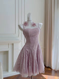 Modest A line Spaghetti Straps Lace Lilac Short Homecoming Dresses Birthday Outfits HZ1024