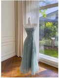 Modest A line Spaghetti Straps Light Sky Blue Lace Ankle Length Prom Dress Formal Dresses HZ1024