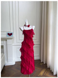 Modest A line Spaghetti Straps Red Chiffon Long Prom Dress Formal Dresses HZ1024