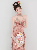 Sexy Mermaid High Neckline Velvet Pink Long Prom Dresses Birthday Outfits HZ1024