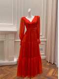 Sexy A line Long Sleeves Red Ankle Length Prom Dress Formal Dresses With Ruffles HZ1024
