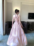 Sexy A Line V Neckline Halter Chiffon Pink Long Backless Prom Dress Formal Dresses HZ1024