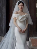 Vintage Mermaid Off The Shoulder White Satin Long Wedding Dresses HZ1024
