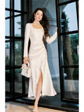 Modest Sheath Square Neckline White Long Prom Dresses Slit Evening Dress HZ1024