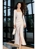Modest Sheath Square Neckline White Long Prom Dresses Slit Evening Dress HZ1024