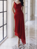 Modest Sheath Spaghetti Straps Red Chiffon Prom Dresses Ruffles Evening Dress HZ1024