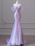 Sexy Mermaid Off The Shoulder Lilac Long Prom Dresses Tulle Birthday Outfits HZ1024