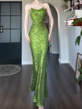 Pretty Sheath Spaghetti Straps Green Sequin Prom Dresses Sexy Evening Dress HZ1024