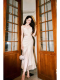 Pretty Mermaid Spaghetti Straps Ivory Lace Slit Prom Dresses HZ1024