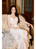Pretty Mermaid Spaghetti Straps Ivory Lace Slit Prom Dresses HZ1024