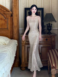 Pretty Sheath Spaghetti Straps Silver Sequin Prom Dresses HZ1024