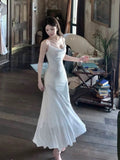 Vintage Sheath Spaghetti Straps Sleeveless White Long Prom Dresses With Silver Beads Evening Dress HZ1024