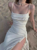 Classy A Line Spaghetti Straps Ivory Chiffon Tea Length Prom Dresses Evening Dress With Split HZ1024