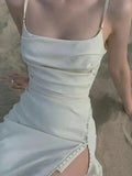 Classy A Line Spaghetti Straps Ivory Chiffon Tea Length Prom Dresses Evening Dress With Split HZ1024