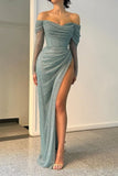 Fancy Sheath Off The Shoulder Sequin Burgundy Slit Long Prom Dresses HZ1024