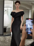 Simple Mermaid Strapless Black Long Prom Dresses HZ1024