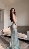 Pretty Mermaid Spaghetti Straps Sequin Green Long Prom Dresses Evening Dress HZ1024