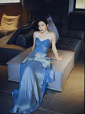 Modest A Line Sweetheart Blue Fold Slit Prom Dresses Long Evening Dress HZ1024