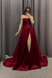 Elegant A line Sweetheart Burgundy Slit Satin Prom Dresses Long Evening Dress HZ1024