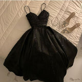 Gorgeous Ball Gown Straps Sleeveless Black Satin Prom Dresses Long Evening Dress HZ1024