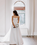 Elegant A Line Spaghetti Straps Long Satin White Prom Dresses Evening Dress HZ1024
