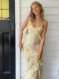 Elegant Mermaid Spaghetti Straps Yellow Chiffon Long Lace Prom Dresses Evening Dress HZ1024