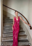 Elegant Sheath V Neckline Hot Pink Floral Lace Long Prom Dresses Evening Gowns HZ1024
