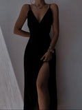 Modest Sheath Spaghetti Straps Black Slit Long Prom Dresses Evening Dress HZ1024