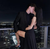 Sexy A Line Straps Black Long Backless Prom Dresses Evening Dress HZ1024