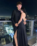 Sexy A Line Straps Black Long Backless Prom Dresses Evening Dress HZ1024