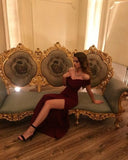 Mermaid Off The Shoulder Burgundy Pleated Slit Prom Dresses HZ1024