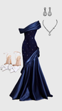 Pretty Mermaid One Shoulder Navy Blue Satin Long Party Dress Prom Dresses HZ1024