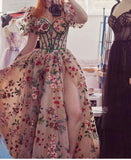 Elegant A line Sweetheart Short Sleeves Floral Tulle Party Dress Prom Dresses Evening Dress HZ1024