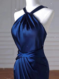Sexy Mermaid High Neckline Navy Blue Satin Evening Dress Long Prom Dresses Party Dress With Ruffles HZ1024