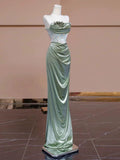 Sexy Mermaid Strapless Green Satin Evening Dress Long Prom Dresses Party Dress With Ruffles HZ1024