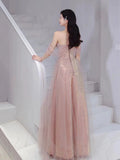 Elegant A Line Spaghetti Straps Pink Sequin Long Prom Dress Evening Dresses HZ1024