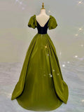 Elegant Ball Gown V Neckline Olive Green Satin Long Prom Dress Evening Dresses HZ1024
