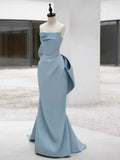 Pretty Sheath Strapless Blue Satin Long Prom Dress Evening Dresses With Bow HZ1024