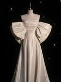 Chic A line Off The Shoulder Half Sleeves Satin Wedding Dresses With Ruffles HZ1024
