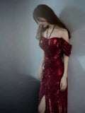 Elegant Mermaid Off The Shoulder Burgundy Sequin Long Prom Dress Evening Dresses HZ1024