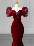 Elegant Mermaid Sweetheart Burgundy Short Sleeves Long Prom Dress Evening Dresses HZ1024