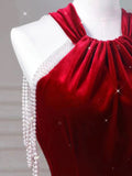 Sexy Mermaid Halter Red Velvet Long Prom Dresses Evening Dress HZ1024