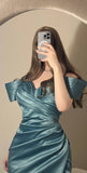 Sexy Mermaid Off The Shoulder Blue Prom Dress With Pleated Long Satin Prom Dresses Party Dress HZ1024