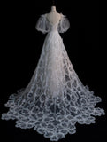 Elegant A Line Straps Tulle Sequin Long Wedding Dresses HZ1024