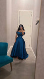 Sexy A line Off The Shoulder Blue Prom Dress With Pleated Long Satin Prom Dresses Party Dress HZ1024